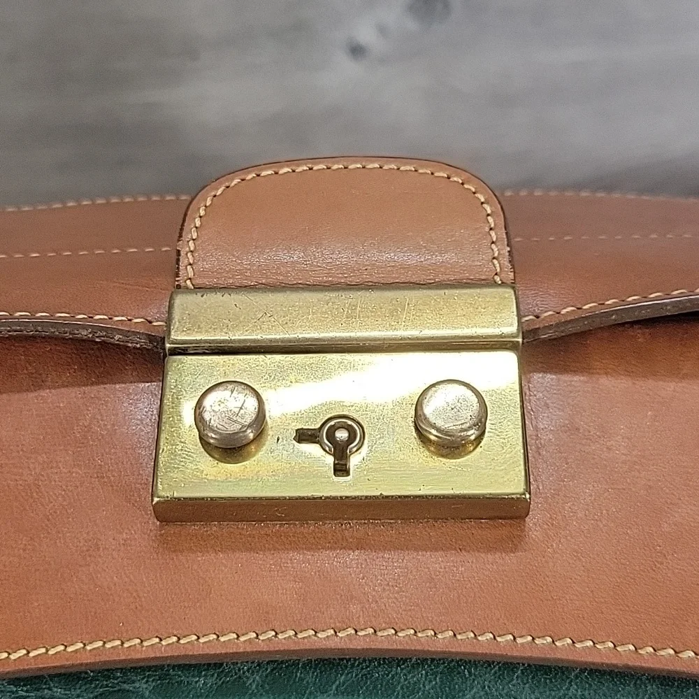 Vintage Dooney & Bourke Green Pebbled Leather Satchel with Tan Trim and Handles